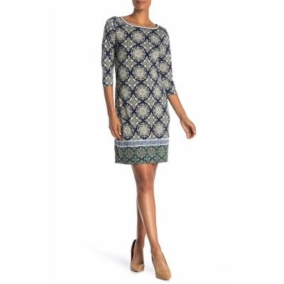 Max Studio Dresses & Skirts - Max Studio Geometric Navy Quarter Sleeve Printed Mini Shift Dress NEW Large